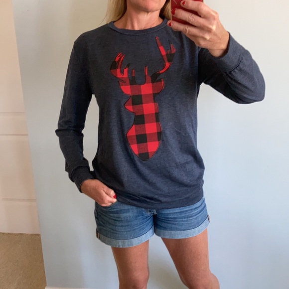 Navy French Terry Long Sleeve Plaid Reindeer Top - Picture 1 of 10